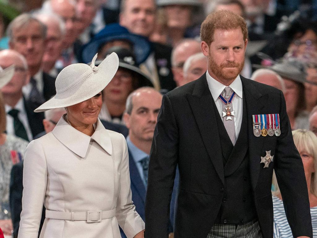 Prince Harry, Duke of Sussex (R) and Britain's Meghan, Duchess of Sussex (L) attend the National Service of Thanksgiving for The Queen's reign at Saint Paul's Cathedral. Picture: AFP