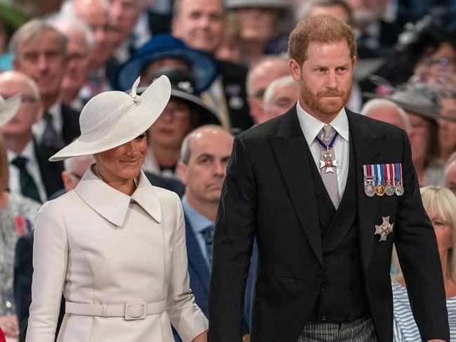 Prince Harry, Duke of Sussex (R) and Britain's Meghan, Duchess of Sussex (L) attend the National Service of Thanksgiving for The Queen's reign at Saint Paul's Cathedral. Picture: AFP