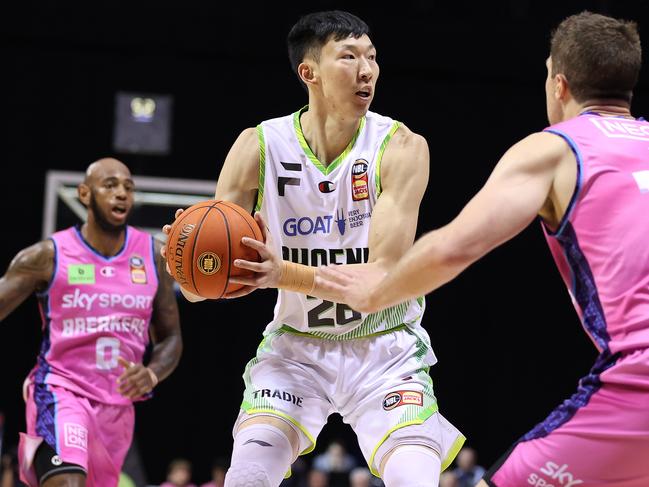 Chinese superstar Zhou Qi joined in on the 22-point win. Picture: Phil Walter/Getty Images