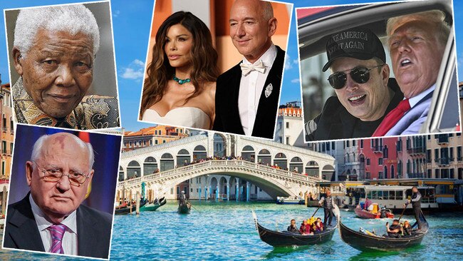 Holding out for a hero: Clockwise from top left: Nelson Mandela, Jeff Bezos and soon-to-be-wife Lauen Sanchez; Elon Musk and Donald Trump, and Mikhail Gorbachev. Pictures: AFP/AP/Getty/Supplied