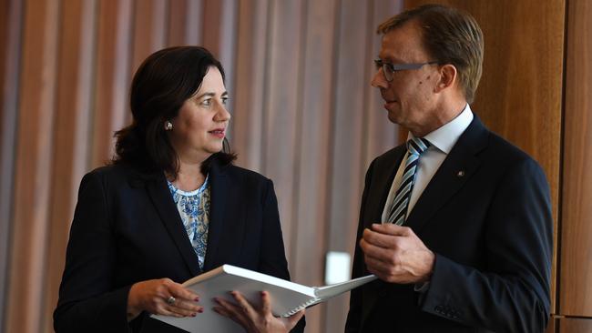 Premier Annastacia Palaszczuk and Commissioner Phillip Strachan discuss the Train Crewing Practices Commission of Inquiry report. Picture: AAP