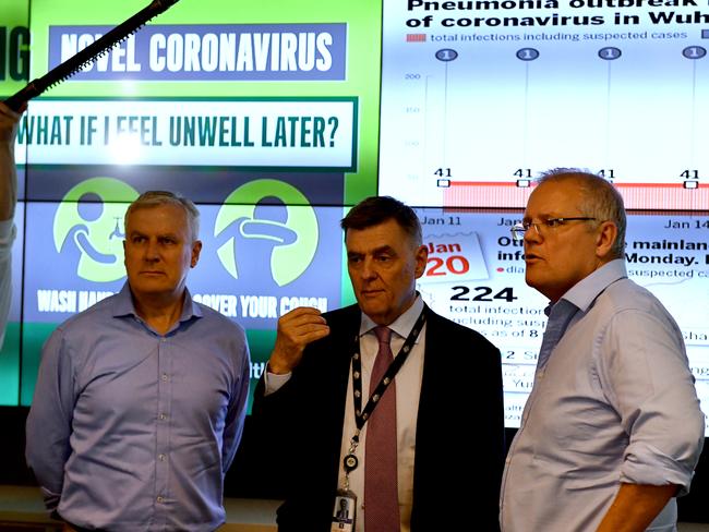 Michael McCormack and Scott Morrison are updated by Chief Medical Officer Brendan Murphy on the steps being taken to control the coronavirus. Picture: AAP