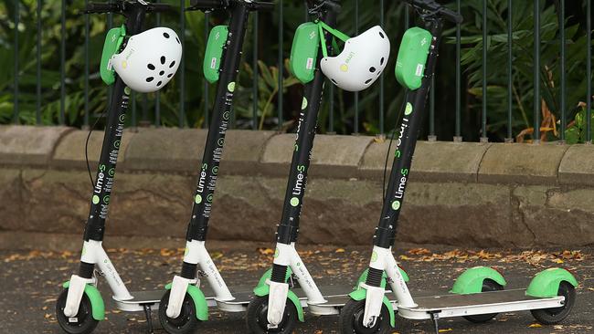 Lime Scooters waiting for customers in the Brisbane CBD. Picture: Lyndon Mechielsen