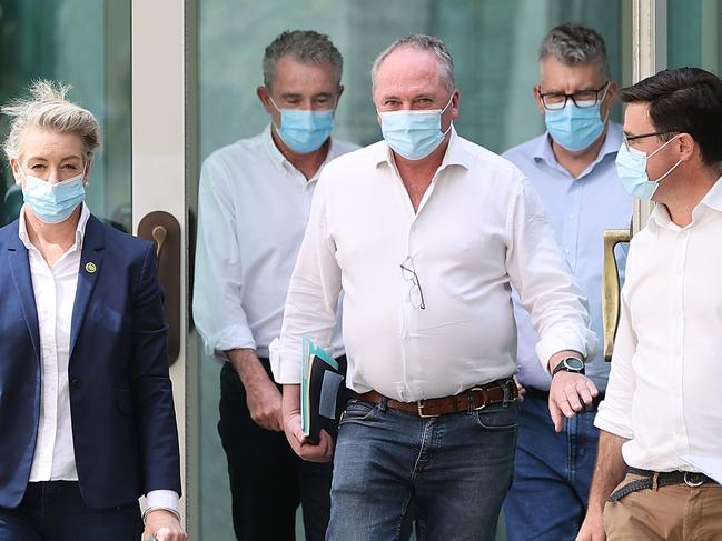 Deputy Prime Minister Barnaby Joyce with the Nationals Leadership Team-David Littleproud, Bridget McKenzie, Keith Pitt and Kevin Hogan walk to the Nationals Party Room meeting today. Picture: NCA NewsWire / Gary Ramage