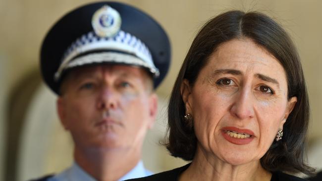 NSW Premier Gladys Berejiklian and Police Commissioner Mick Fuller announce an increase in police numbers. Picture: AAP Image/Dean Lewins