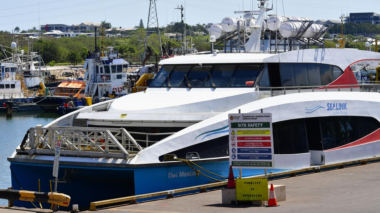 SeaLink Northern Territory vessel, the Tiwi Mantawi, docked at the Frances Bay Mooring, commonly called the Duck Pond, following a mechanical issue blaze on Friday August 16.