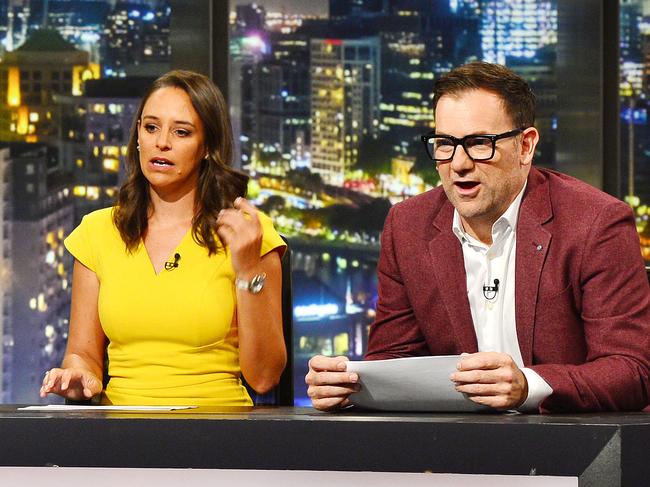 The cast of the new Channel 9 Footy Show: Brendan Fevola, Dylan Alcott, Neroli Meadows and Anthony 'Lehmo' Lehmann, in rehearsal.Picture : Nicki Connolly