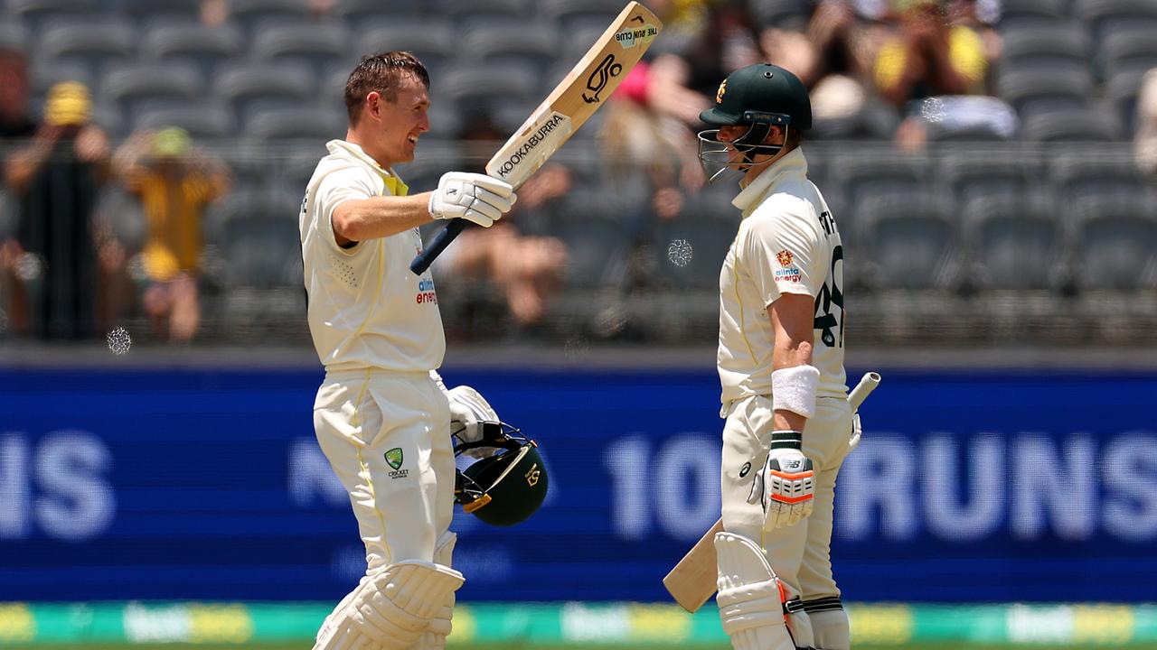 Labuschagne and Steve Smith celebrate the knock. Picture: Getty Images