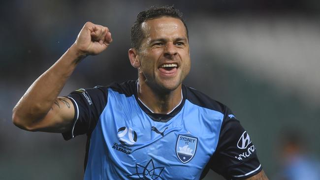 Sydney FC striker Bobo celebrates scoring against the Newcastle Jets on Saturday night.