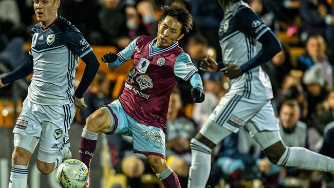 Tasuku Sekiya on the ball for APIA Leichhardt in their FFA Cup clash against Melbourne Victory on Tuesday night. Picture: AAP