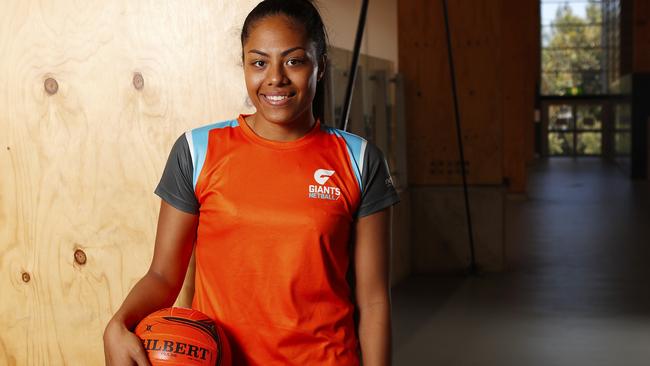 Netballer Kristiana Manu'a (Giants) for the cross town rivals yarn. pictured at the State Sports Centre, Sydney Olympic Park. State Netball Centre. Netball rivals Swifts v Giants ahead of the new season.