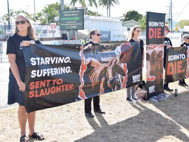 BEEF AUSTRALIA 21: Protestors gather outside the Rockhampton showgrounds during Beef Australia