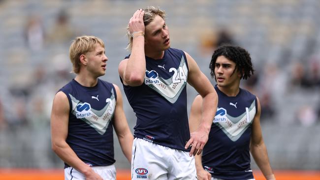 PERTH, AUSTRALIA - JUNE 23: Josh Smillie of Victoria Metro looks on during the Marsh AFL National Championships match between U18 Boys Western Australia and Victoria Metro at Optus Stadium on June 23, 2024 in Perth, Australia. (Photo by Paul Kane/AFL Photos/via Getty Images)