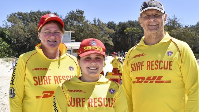 Salt Surf Life Saving Club's Belinda Mirana, Shantel Gregoraci and patrol captain Chris Gunther at the beginning of the 20/21 season. Photo: Jessica Lamb