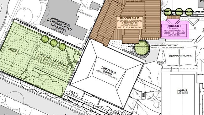 Plans lodged at St Michael’s Catholic Primary School include the addition of a second storey to Block B and an extension to Block C. Picture: QOH Architects