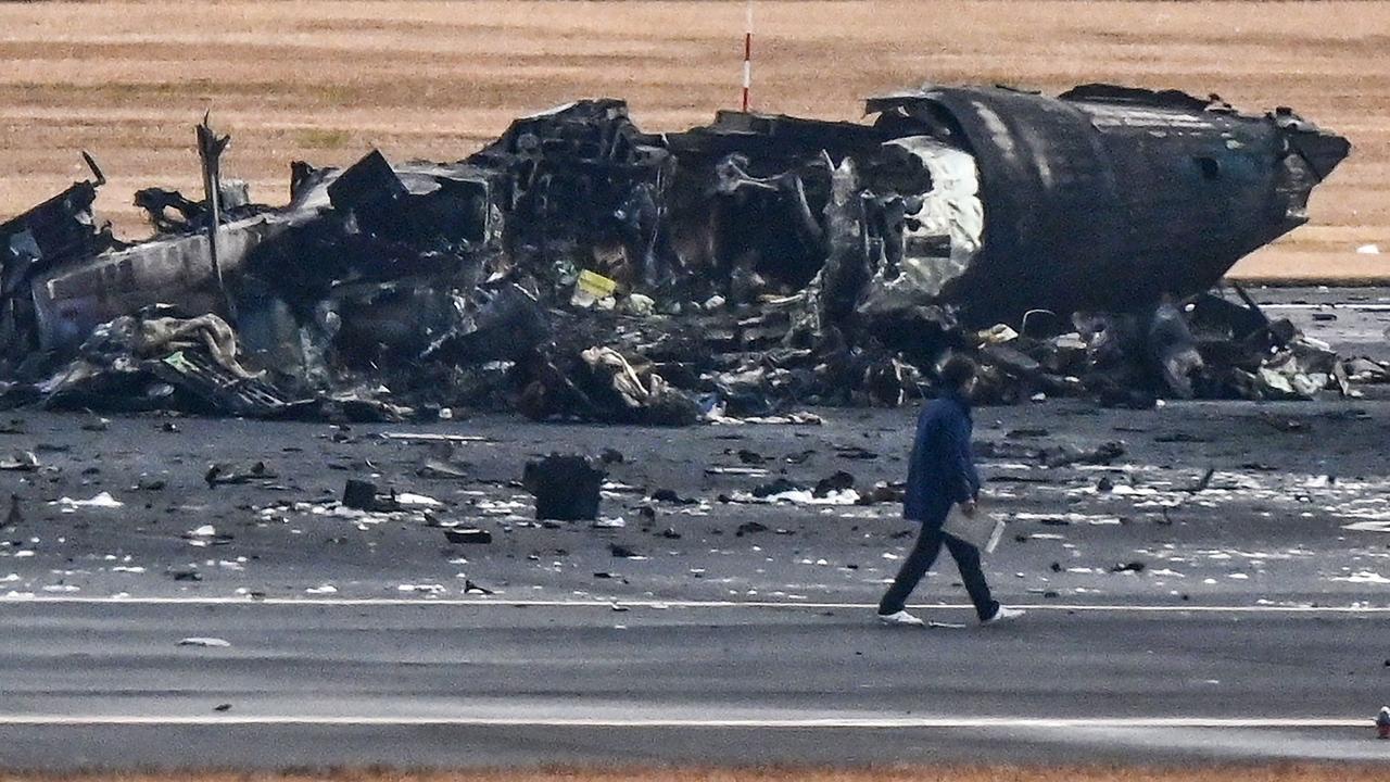 The wreckage of the Japan Coast Guard plane on January. Picture: Richard A. Brooks / AFP