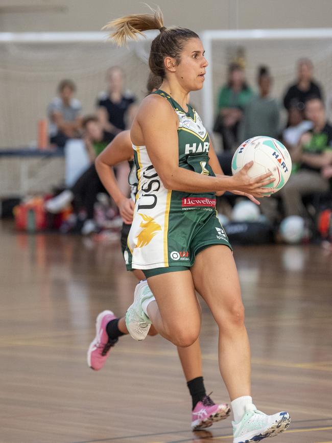 Former Ipswich Flyers netballer Abbey Gallagher working hard for the Ipswich Jets Rubies side this year. Picture: Nev Madsen.