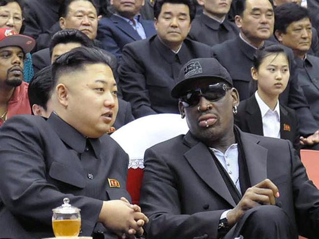 Kim Jong-un and former NBA star Dennis Rodman at a basketball game in Pyongyang in 2013. Picture: AFP/KCNA