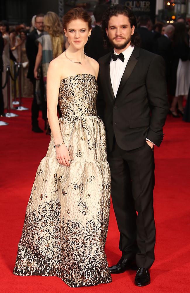 Rose Leslie and Kit Harington go arm-in-arm at the Olivier Awards. Picture: Joel Ryan/Invision/AP