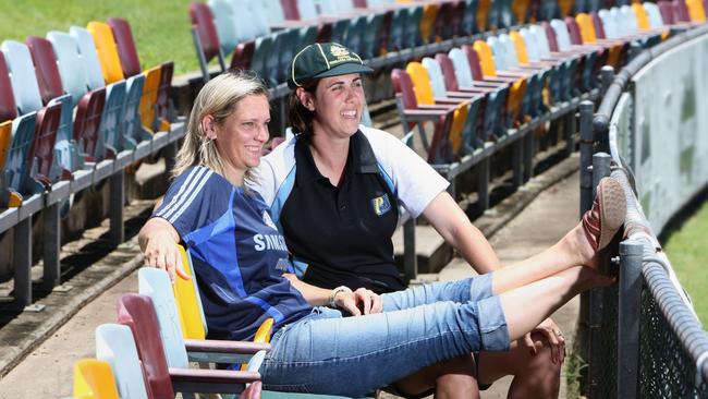 Former Matildas soccer players Jo Butland and Tammie Thornton with the commerative cap that has been given to the players to recognise their Australian playing careers in 2009.