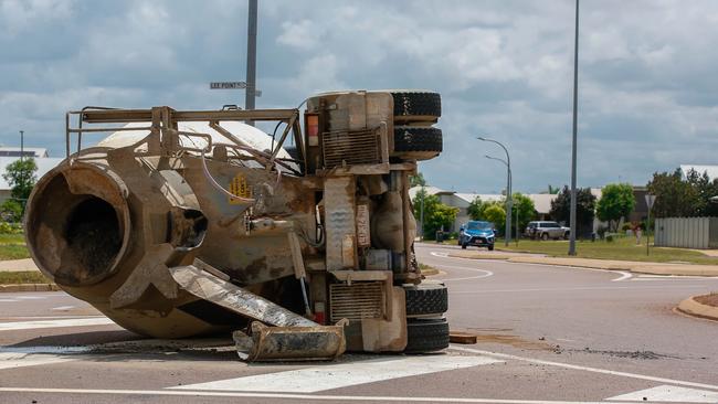 The cement mixer on its side in Muirhead today. Picture: Glenn Campbell