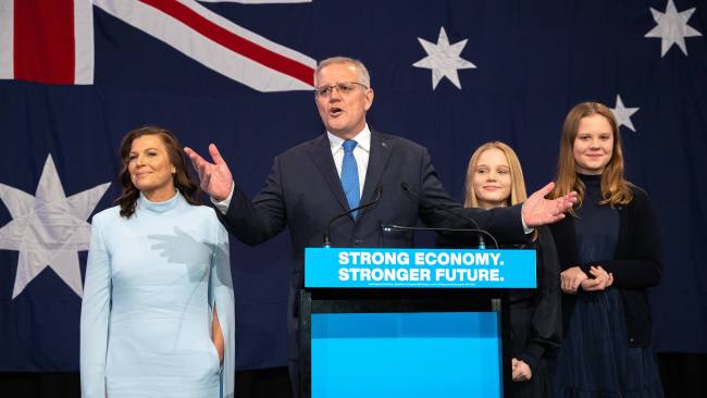 Scott Morrison concedes defeat with his family by his side at the Liberal Party HQ on Saturday night. Picture: NCA / Jason Edwards.