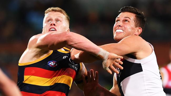 Reilly O’Brien looms as the Crows’ most important player next season because they do not have another experienced ruckman on the list. Picture: Mark Brake/Getty Images