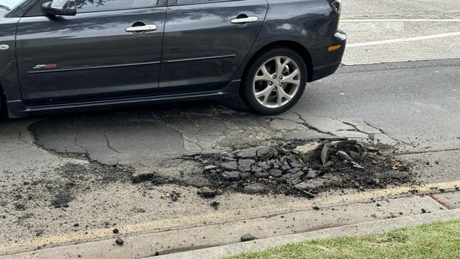 A "dangerous" pothole on Lakemba St, in Belmore, on Tuesday. Picture: Canterbury-Bankstown Express