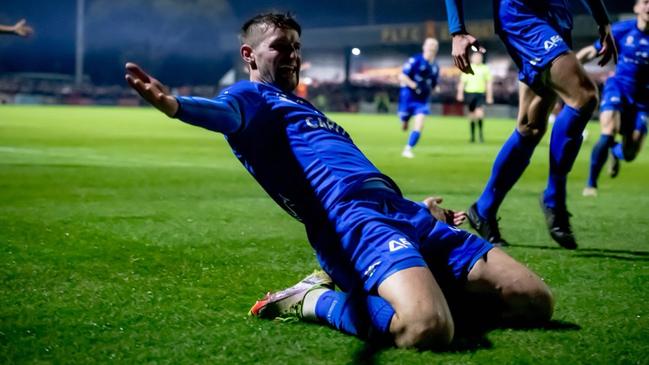 Andy Brennan celebrates a goal for South Melbourne. Picture: Luke Radzminiski