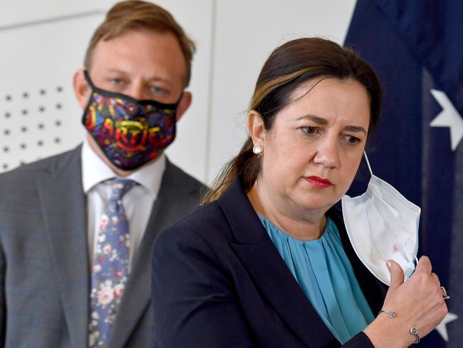 BRISBANE, AUSTRALIA - NewsWire Photos JUNE 29, 2021:  Premier Annastacia Palaszczuk takes her mask off to give the media a COVID-19 update in Brisbane.Picture: NCA NewsWire / John Gass