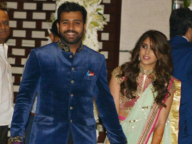 Rohit Sharma with his wife, Rikika Sajdeh, at Ambani's party to celebrate his wedding in Mumbai. Picture: Milind Shelte via Getty Images