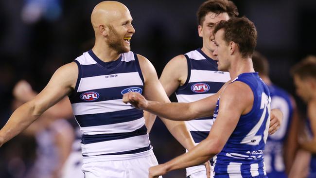 AFL Round 8. 12/05/2019. North Melbourne v Geelong at Marvel Stadium.   Geelongs Gary Ablett  lets Kayne Turner of the Kangaroos know all about it after kicking his 2nd last qtr goal   . Pic: Michael Klein.