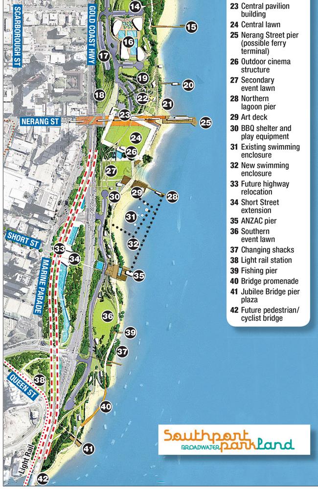 An image of the Broadwater Parklands masterplan published in the Gold Coast Bulletin on December 10, 2007 showing the proposed realignment of the Gold Coast Highway.