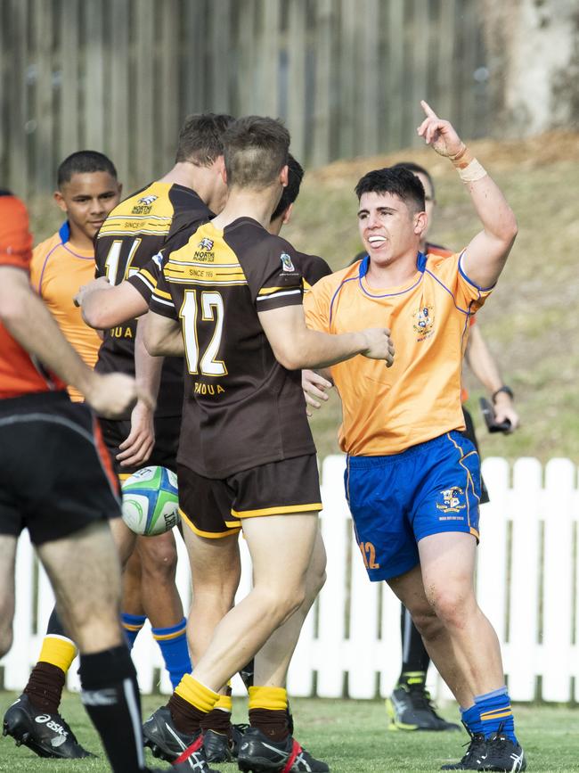 AIC First XV schoolboy rugby. Marist College Ashgrove vs Padua College. Marist #12 Ky Rashleigh celebrates a try. 5 September, 2020. Picture: Renae Droop