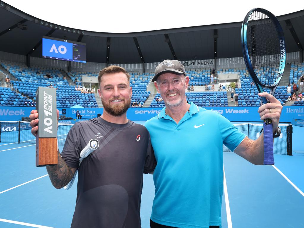 AO 1 Point Slam winner Omar Jasika and highest-placed amateur player Paul Fitzgerald, 56 from Airport West. Picture: David Caird