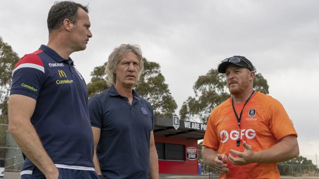 Adelaide United assistant coach Gerald Sibon, Reds coach Gertjan Verbeek and Port Adelaide assistant coach Michael Voss at Alberton earlier in the season. Picture: Adelaide United