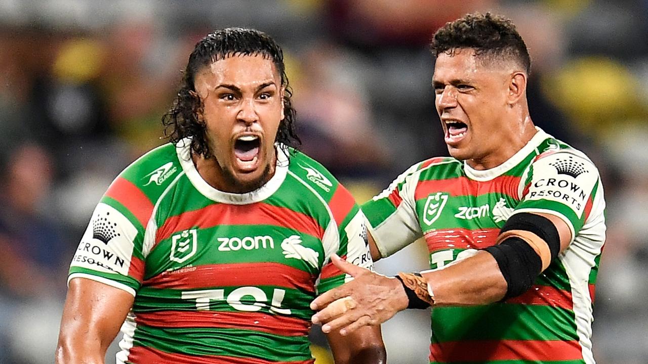 Keaon Koloamatangi and Dane Gagai celebrate Souths win against Penrith in the qualifying final. Picture: Ian Hitchcock/Getty Images