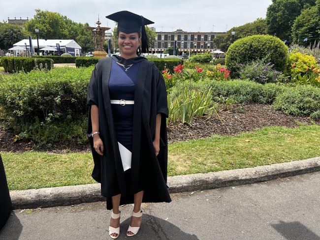 Ranadi Levula (Master of Evaluation) at the University of Melbourne graduations held at the Royal Exhibition Building on Saturday, December 14, 2024. Picture: Jack Colantuono