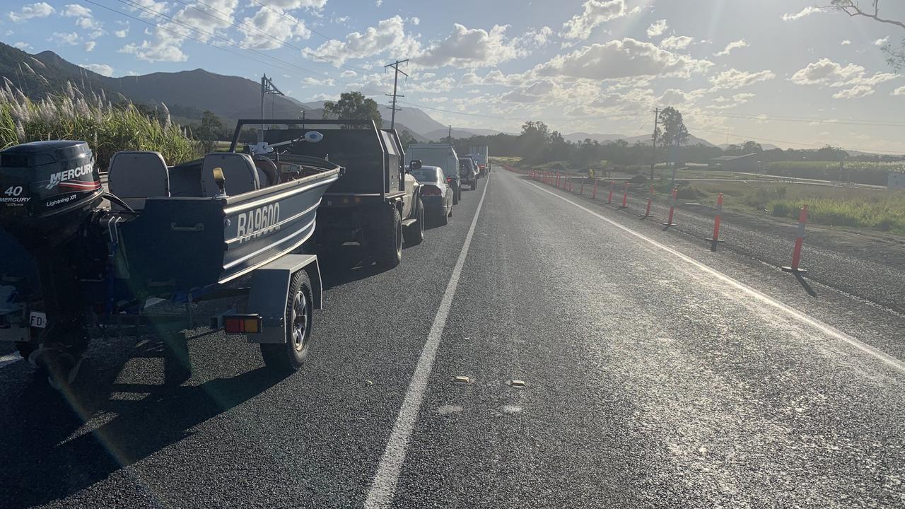 The traffic banked up on the Bruce Highway near a three-vehicle crash at Pindi Pindi north of Mackay. Picture: Lillian Watkins