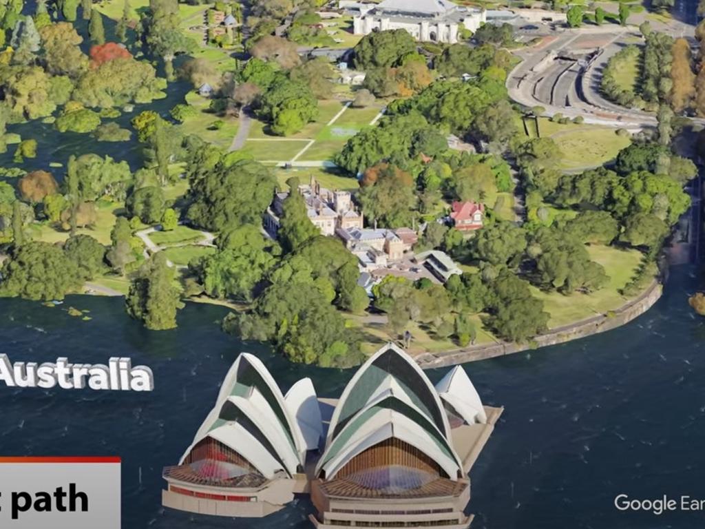 Sydney Opera House would be surrounded by water in the worst simulations of sea level rise prepared by Climate Central. Picture: Supplied