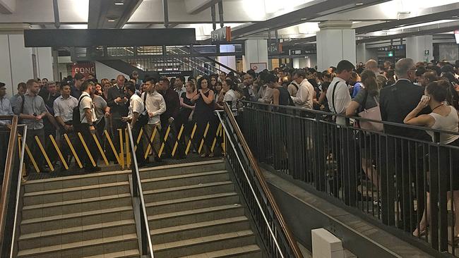 Commuters restricted from entering platforms at Town Hall as train delays caused chaos across the city. Source: Kristina Wilson @rx4kid/Twitter