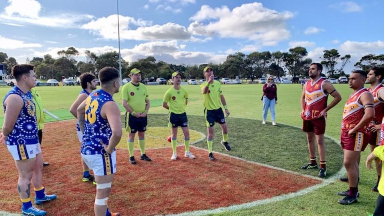 The coin toss at the Meningie v Tailem Bend game attended by the team's Indigneous players. Picture: Supplied/Jodie Jaensch