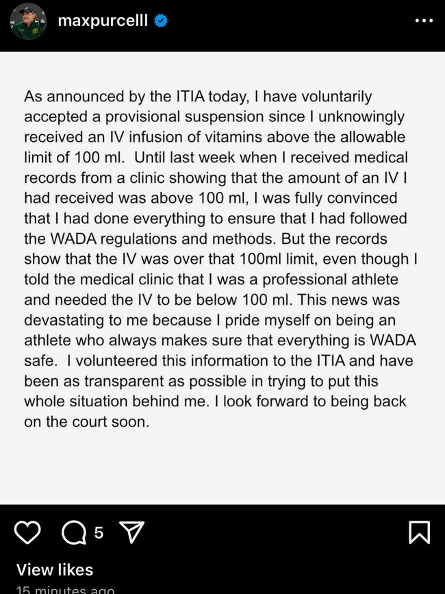 Purcell’s statement via social media. IG: maxpurcelll