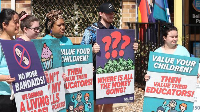 Protest demanding childcare workers are better paid at Goodstart Bellbird Park. Picture: Liam Kidston