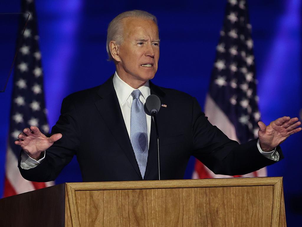 President-elect Joe Biden addresses America from the Chase Center. Image Tasos Katopodis/Getty Images