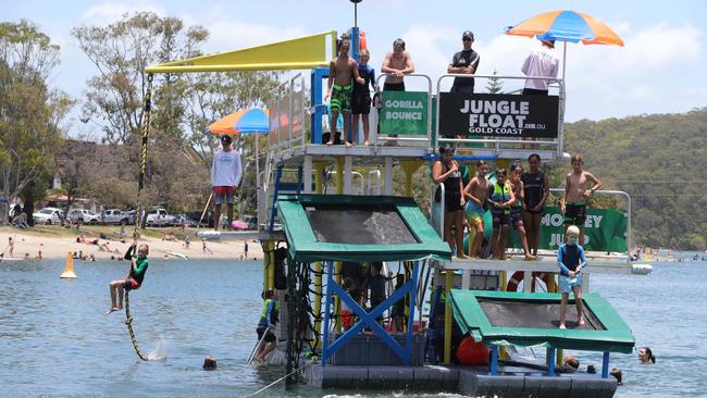 New aqua attraction at Tallebudgera Creek called JungleFloat, is a real hit with the kids. Picture Glenn Hampson.