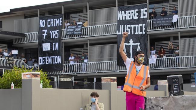 Cr Jonathan Sri at the refugee protest on Saturday. Picture: Richard Walker