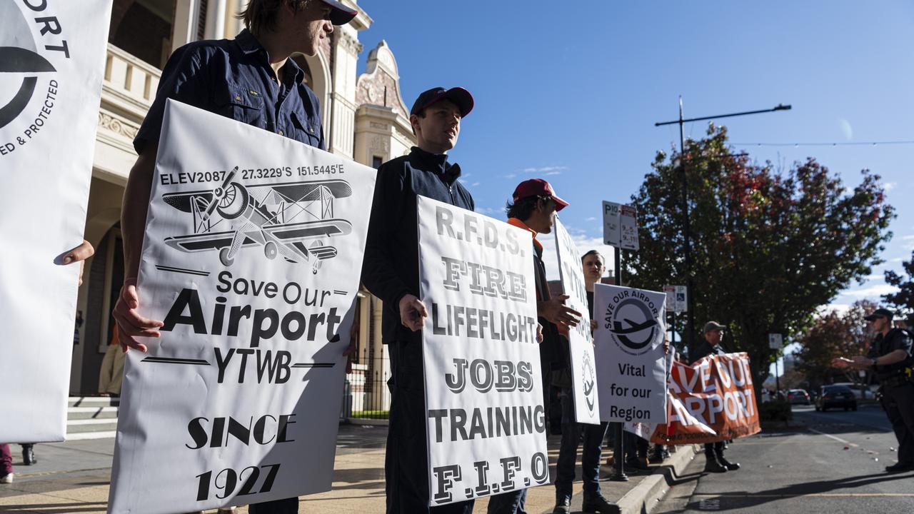 Toowoomba City Community Airport group protest outside city hall before a council meeting to discuss the future of Toowoomba City Aerodrome (also known as Toowoomba Airport), Tuesday, May 28, 2024. Picture: Kevin Farmer