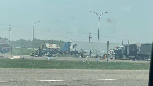 A semi-trailer collided with a bus in Canada. Picture: Skilled Truckers Canada
