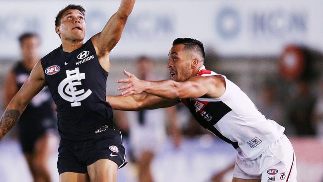 Saint Shane Savage (right) was the leading scorer on the ground. Pic: Getty Images